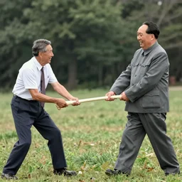 mr. rogers and mao zedong pulling a wishbone, color photo.