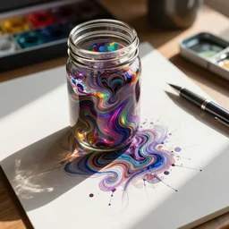sketch of technical pen and glass canning jar of swirling ink shimmering on a desk, dramatic afternoon lighting, spattered, intense psychedelic watercolor, heavy metal, tilt shift, by moebius