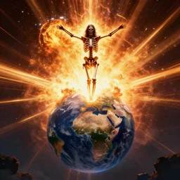 Jesus Christ as skeleton inside an epicenter of a thermonuclear blast standing on the Earth sphere with radioactive rays to the sides, insane detail, photorealistic ultra high definition cinematic scene, sony a7r, 35mm