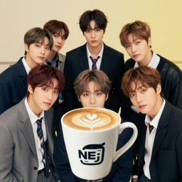 a cup of coffee part 4 featuring johnny suh, mark lee, jung jaehyun, ten lee, and kim doyoung, all from the group nct, neo culture technology, art by kim jung gi