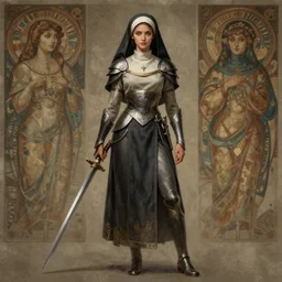 portrait of a full body of young beautiful female nun warrior, d & d, fantasy, arcane, flat lighting, intricate, muscular, highly detailed, digital painting, artstation, concept art, smooth, sharp focus, illustration, art by simon bisley and greg rutkowski and alphonse mucha, natural tpose