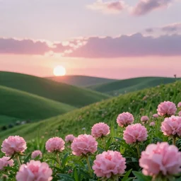 beautiful dreamy hilly verdant landscape at sunset by Anna dittmann. Flowers. Pink puffy clouds. Beautiful sunset colours.