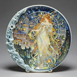 orphenoch, partially glazed, woodfired, art gallery, overdetailed art, by greg rutkowski, by alfons mucha, complementing colors, magic, colorful lights, fireflies, detailed illustration! dream city, carving on southern ice porcelain, overdetailed art, by greg rutkowski, by alfons mucha, complementing colors, magic, colorful lights, fireflies, detailed illustration