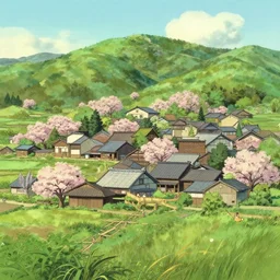 japanese rural town, spring, in the style of studio ghibli, j. c. leyendecker, greg rutkowski, artem