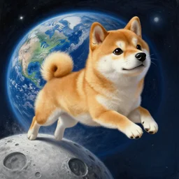 painted closeup of cute shiba inu, jumping on the moon, the earth in the background, gravity, fantasy intricate elegant extremely detailed digital painting trending artstation concept art sharp focus illustration art by gustave courbet greg rutkowski craig mullins