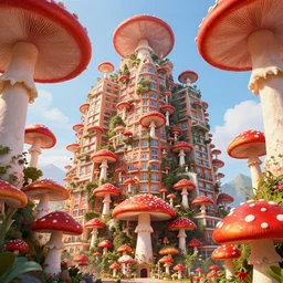 the magnificent mushroom skyscraper hotel, heavily populated and full of life, red mushroom with white spots, immense sense of scale, rule of thirds, digital art, by beeple, by noriyoshi ohrai, trending on artstation