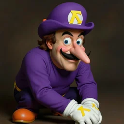 a man with a long pinkish nose, a moustache like Salvador Dali,long-sleeved purple shirt, a purple hat with a yellow Γ symbol (an inverted L, paralleling Wario's W as an upside-down M), orange shoes, and white gloves with a yellow Γ symbol as well.