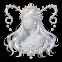 baroque flourish designs, androgynous fairy, long hair, pearly and iridescent and translucent, pastel rainbow refraction and reflection, flowers, feathers, crystal, by artgerm, by sakimichan, by nixeu, by ruan jia, by conrad roset,