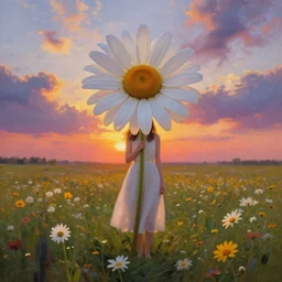 holding giant daisy flower as head, full body girl standing in a flower field, surreal photography, sunrise, dramatic light, impressionist painting, colorful clouds, digital painting, artstation, simon stalenhag