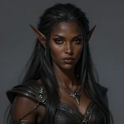portrait of a feminine male dark elf, ebony skin, long hair, fantasy, feminine, elegant, intricate, highly detailed, digital painting, artstation, concept art, sharp focus, illustration