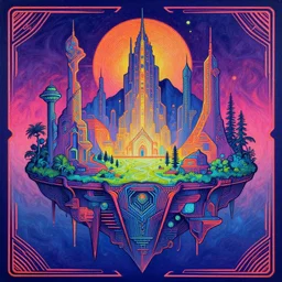 Floating island paradise, a fantasy sci-fi dreamworld painting in neon geometric inks, art nouveau by Terese Edvard Guay Kinkade
