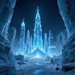 alien planet capital city featuring enormous glowing buildings, modern, blue ice antelope canyon winter night scene backdrop, megalophobia, 4 k wallpaper, 3 3 mm photo