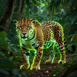 a neon jaguar in the jungle
