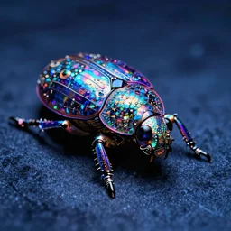 highly detailed holographic scarab high quality photo with jeweled gorgeous moody blue lighting octane low angle hd 8k sharp shallow depth of field