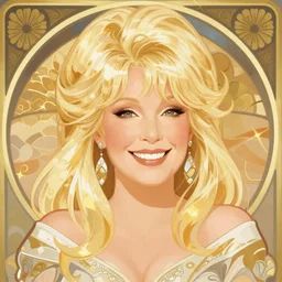blonde dolly parton, art by mucha, happy, portrait, smiling, friendly, bright, clever, knowing, flat colors. champagne, gold, love