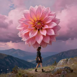 giant dahlia flower crown head, woman walking on mountain, surreal photography, pink storm clouds, dramatic light, impressionist painting, digital painting, artstation, simon stalenhag