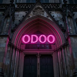 A beautiful gothic cathedral with a pink neon sign spelling the word ODOO in rounded lowercase letters above its door, dramatic lighting, photorealistic