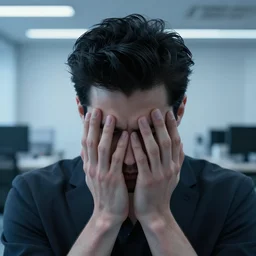 an insanely detailed portrait of a man face in hands, stylish black hair, depressing sterile corporate office background, blue shade in the style of peter mohrbacher, artgerm, dramatic lighting and composition, octane render, trending on artstation, concept art