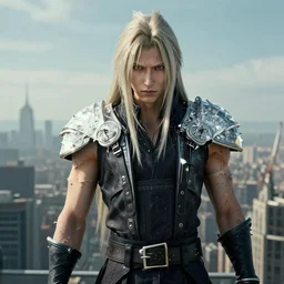 portrait Sephiroth wearing a diamond cuirass face head shoulders with ripped shredded physique stands atop a skyscraper vagrant story zdizlaw beksinski norman rockwell brad rigney frank frazetta winslow homer greg rutkowski