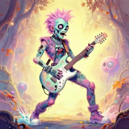 zombie punk rocker playing guitar by agnes cecile, brian froud, intricated details, 3 / 4 view, full body portrait, extremely luminous bright design, horror, pastel colours, toxic drips, autumn lights