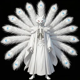 art by yuji ikehata of a foxfolk character covered in demon eyes and mouths, that has a skeletal grin, and has nine albino peacock tails for a tail, also wearing long intricate and beautiful full body mage robes coated in stars and sparkles, and is casting a powerful glowing spell from hands for necromancy at night in a graveyard that is nongraphic, screenshot, anime, vhs, halloween decorations, spirits, realistic