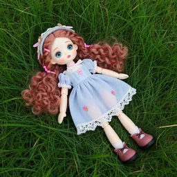 Fully body photograph of an Enchanted Doll lying in the grass