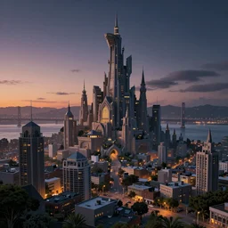 a nightfall over a fantastical san francisco bay area, fantastical, transcendent, clean linework, dramatic, unexpected, surprising, epic light scene, spectacular, finely detailed, award winning, 4 k, trending on artstation, photorealistic, volumetric lighting, octane render uhd artwork