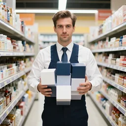 a formal portrait photograph of an expanding salesman dissected into cubes. he is stacked on a supermarket shelf in the cosmetic aisle