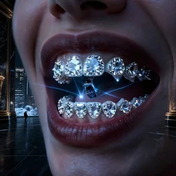 up close shot of mouth with diamond grills with vampire fangs, houston, winter, dark scenery, dark lighting, cinematic, cold freezing nights, laser lights, crybernetic, top floor boss shit, destroy lonely, black floor, lavish, luxurious, marble walls, cinematic, hyper realism, high detail, octane render, 8 k
