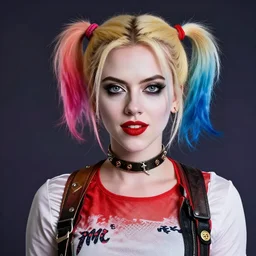 Scarlett Johansson as Harley Quinn, digital portrait, artstation, cgsociety, 4k, high detail
