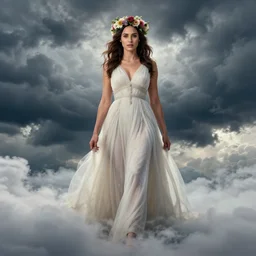 full body fine art photo of the beauty goddess gal gadot, she has a crown of mesmerizing flowers, she is arriving heaven, background full of stormy clouds, by peter mohrbacher