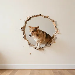 a photo of a dog breaking a hole into the living room wall