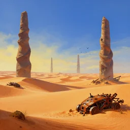 alien desert with sand dunes, spiral - shaped monoliths, rusted mechanical wreckage, flying bird silhouettes. vibrant, painting from a sci - fi novel cover, award winning concept art, in the style of no man's sky, trending on artstation