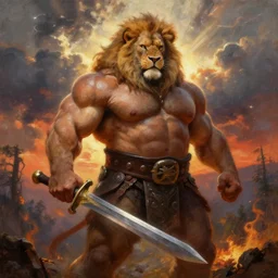 oversized muscular powerlifter lion as dangerous barbarian with long hair and chest armor and sword in epic pose and hard backlight from sunset  , very textured detailed oil painting panoramic backlight portrait by rembrandt, backlight, dramatic clouds, thunder and forest on fire  ,sun rays