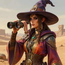 an anthropomorphic beautiful female borderlands 3 psycho portrait holding a binoculars wearing colourful robe, desert theme, fine art, wizard hat, award winning, intricate, elegant, sharp focus, octane render, hyperrealistic, wizard hat cinematic lighting, highly detailed, digital painting, 8 k concept art, art by jamie hewlett and z. w. gu, masterpiece, trending on artstation, 8 k