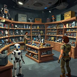 inside a store that sells robot parts, on a spaceship, from a sierra point and click 2 d graphic adventure game, set design inspired slightly by tomb raider, art inspired by [ [ [ thomas kinkade ] ] ] and [ mark keathley ]