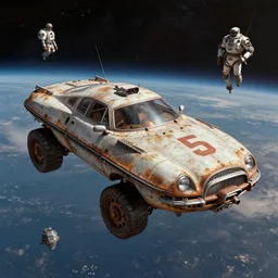 ussr, soviet, rusty, car iz 2 1 2 5!!! as a realistic scifi spaceship!!!, floating in space, thrusters placed instead of wheels!!, wide angle shot art by donato giancola and greg rutkowski, vintage retro scifi, realistic space, digital art, trending on artstation, symmetry!!!