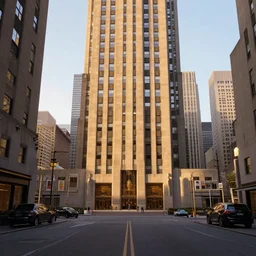 rockefeller plaza, street view, sunset lighting, hyperrealism, futurism 4 k, octane render