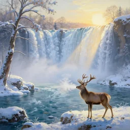 the most beautiful panoramic landscape, oil painting, where a giant dreamy waterfall and the river below are frozen, the trees around have snow over their leafs, a majestic deer is exhaling steam and the ray lights of the sunrise are brightening him, by greg rutkowski