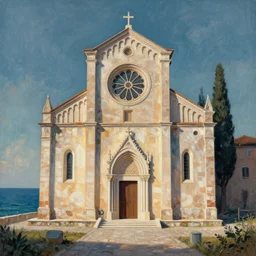 mysterious italian medieval church by the sea, art by evan cagle and craig mullins