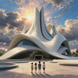 a zaha hadid building with kids in front in a studio ghibli. breathtaking landscape