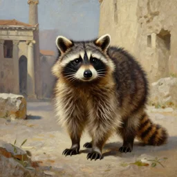 a raccoon in a ancient roman city, oil painting