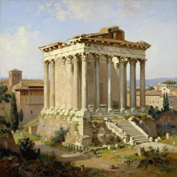 roman temple on a hill. roman city. detailed oil painting, landscape, historical painting.