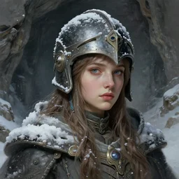 a young female humanoid with a large head wearing a helmet in a snowy desolte cave, digital illustration, very detailed, art by frank neidhardt, post - communist era, fantasy art, high quality, intricate, elegant