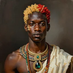 a professionally painted african male model , clothed in ancient street wear, dark skin, red gold hair, beautiful bone structure, big symmetrical scar features, stunningly, beautiful, intricate, elegant, digital painting, smooth, sharp focus, illustration, made by, Jacob Lawrence, Sam Gilliam, Edmonia Lewis, Jean-Michel Basquiat, Henry Taylor