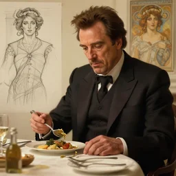 kevin bacon eating dinner, character sheet, character design, contrast, deep focus, turnaround, highly detailed, dramatic lighting, digital painting, artstation, concept art, matte, sharp focus, illustration, elegant, art by artgerm and greg f and alphonse mucha.