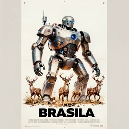 vintage 1 9 7 0 s sci - fi movie poster of a mighty cybernetic deers invading brasilia, art by peter jones