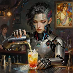 cyborg bartender mixing a drink in a seedy cyberpunk bar, finely illustrated face, intricately detailed features, digital painting, makoto shinkai, painted by ilya kuvshinov and ross tran and artgerm and alphonse mucha
