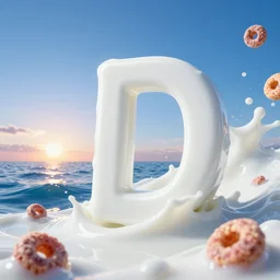 side view extreme close up of a white vitamin d milk ocean sea. nice blue sky setting sun on horizon. an ocean of gentle rolling waves made of white milk. there are a few floating fruit loops cereal in the milk. digital art, cgsociety award winner, ue 5, 4 k, dramatic lighting, subsurface scatter, hdr.