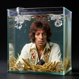A huge crystal tank, full of formalin, and inside the tank is submerged Jimmy Hendrix, excellent, realistic, many details, eighth detailed octane render, harvest